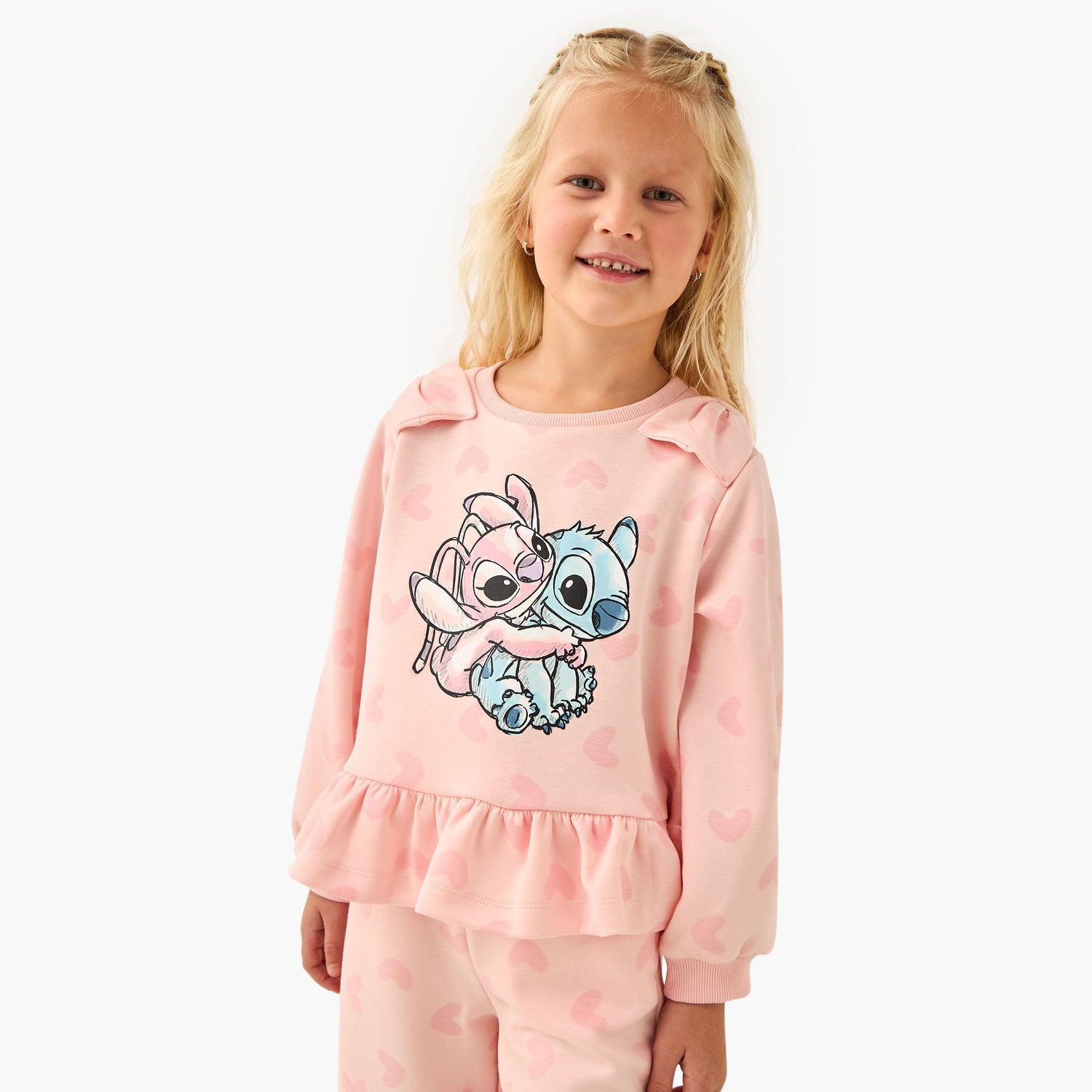 Disney Girls Sweatshirt and Track Pants Set with Stitch and Angel Print - Long Sleeves - Crew Neck