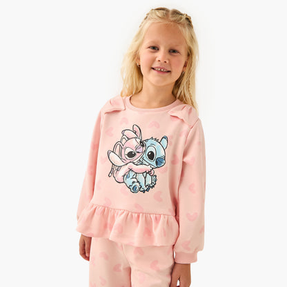 Disney Girls Sweatshirt and Track Pants Set with Stitch and Angel Print - Long Sleeves - Crew Neck