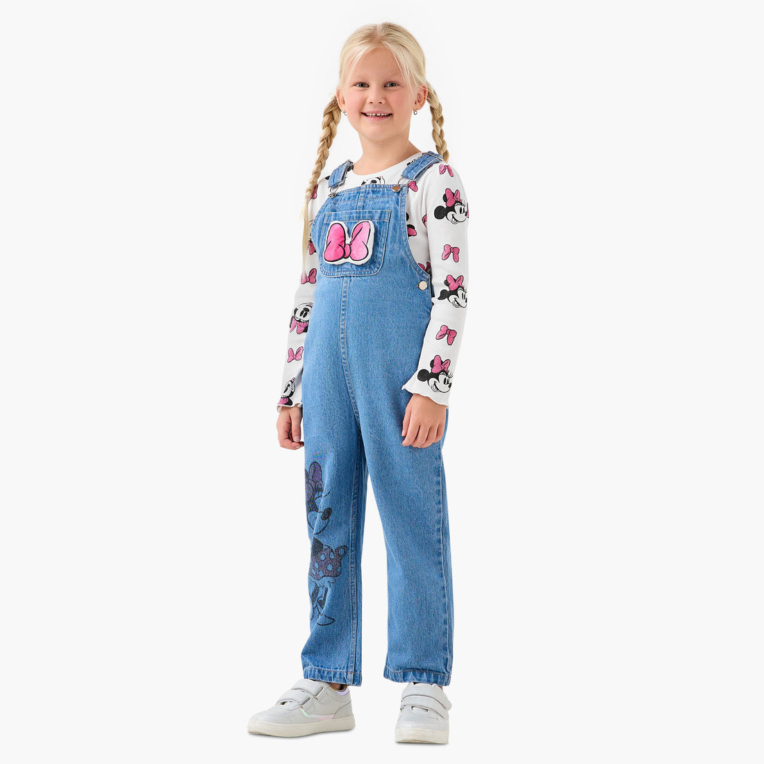 Disney Girls T-shirt and Dungaree Set with Minnie Mouse Print - Long Sleeves - Multicolour / 3-4 yrs