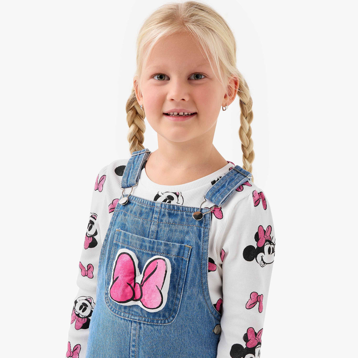 Disney Girls T-shirt and Dungaree Set with Minnie Mouse Print - Long Sleeves