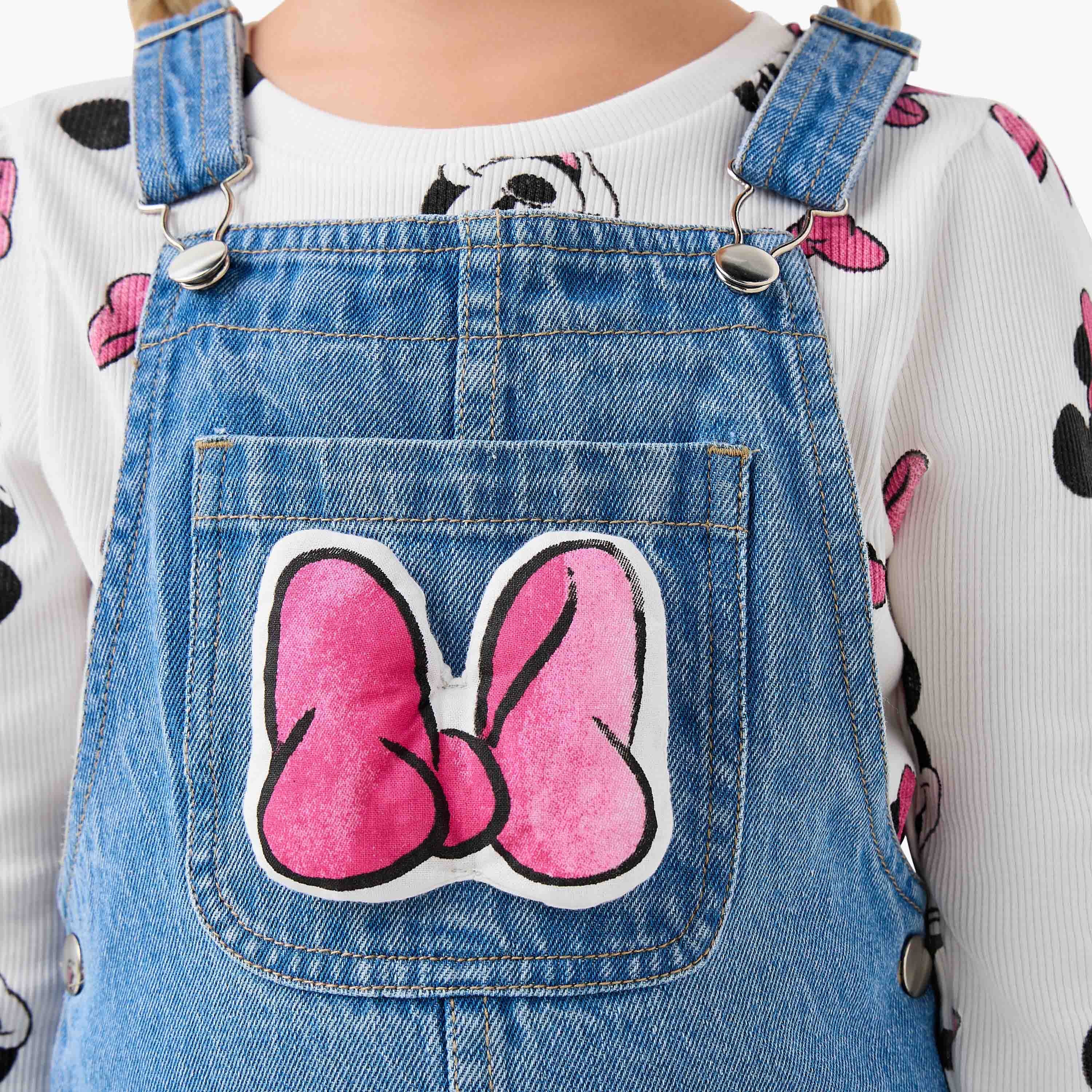 Disney Girls T-shirt and Dungaree Set with Minnie Mouse Print - Long Sleeves