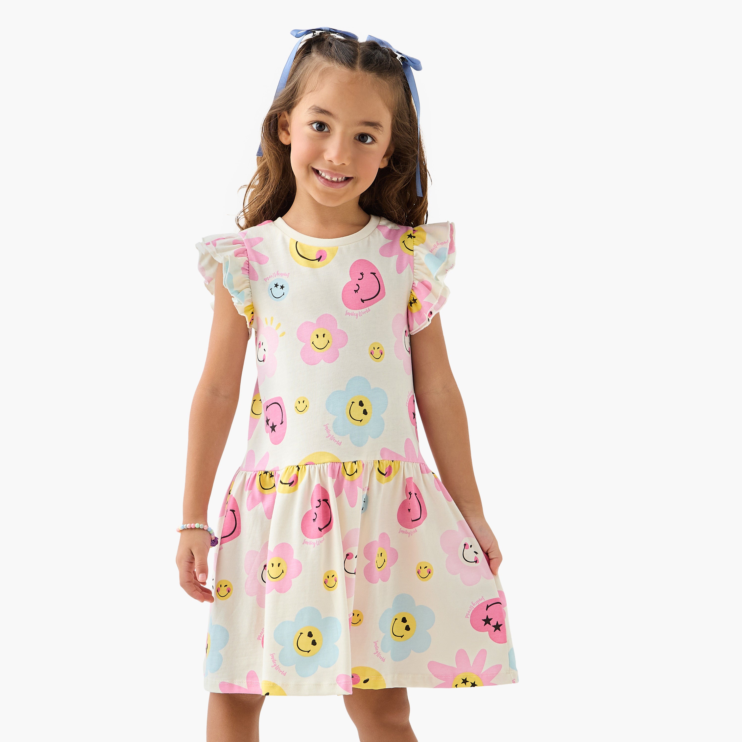 Smiley World All-Over Print Sleeveless Drop Waist Dress - Cream / 1-2 yrs