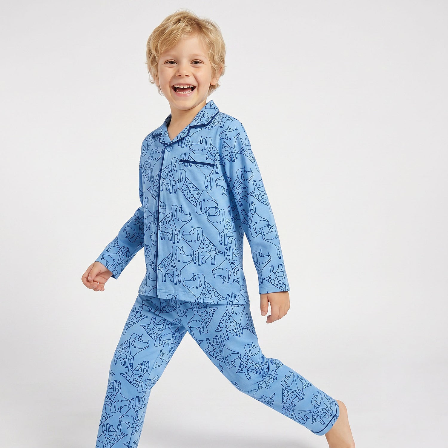 Juniors Boys Pyjama Set with Print - Cotton - Long Sleeves - Notch Collar