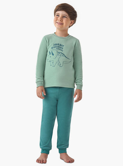 Juniors Boys Pyjama Set with Dinosaur Embroidery - Polyester - Long Sleeves - Crew Neck-boys-clothing-nightwear-image-1