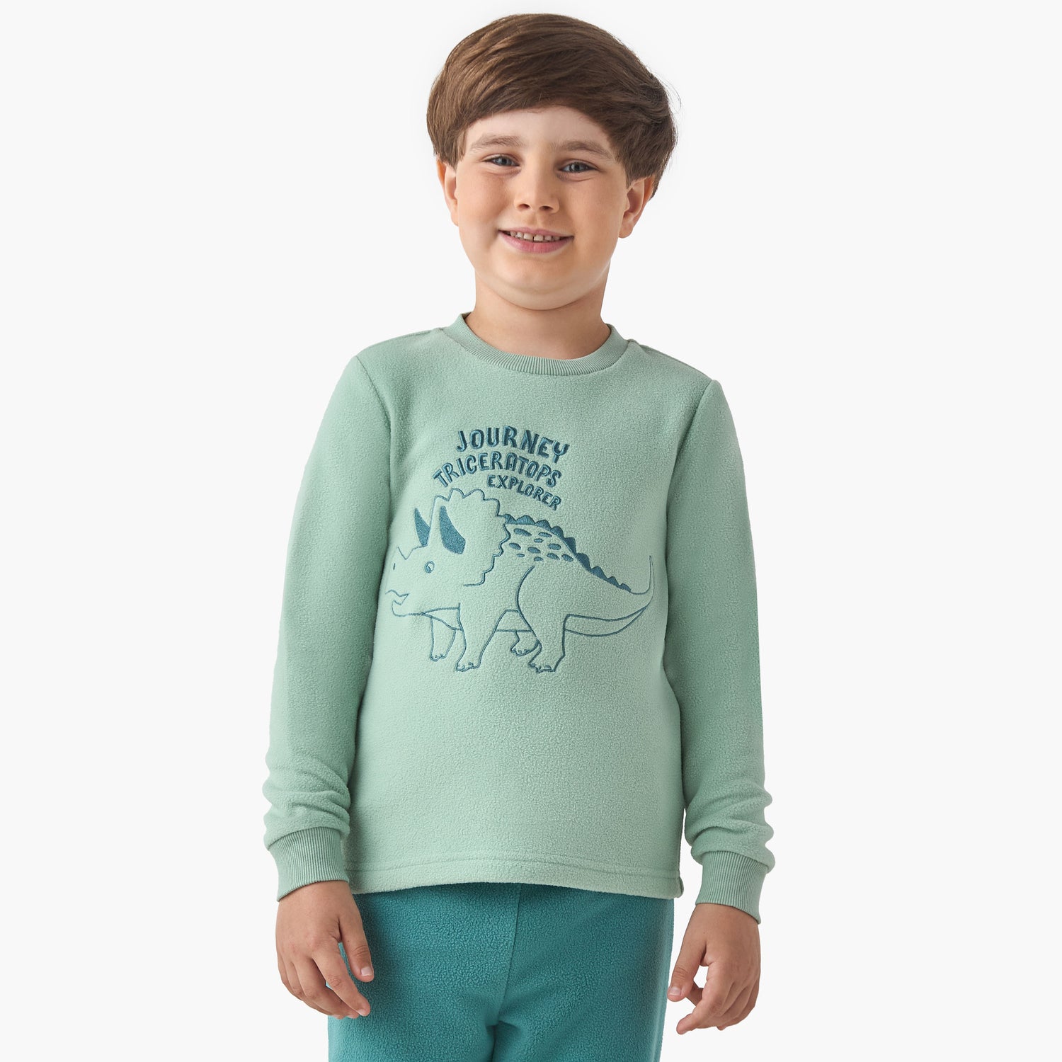 Juniors Boys Pyjama Set with Dinosaur Embroidery - Polyester - Long Sleeves - Crew Neck