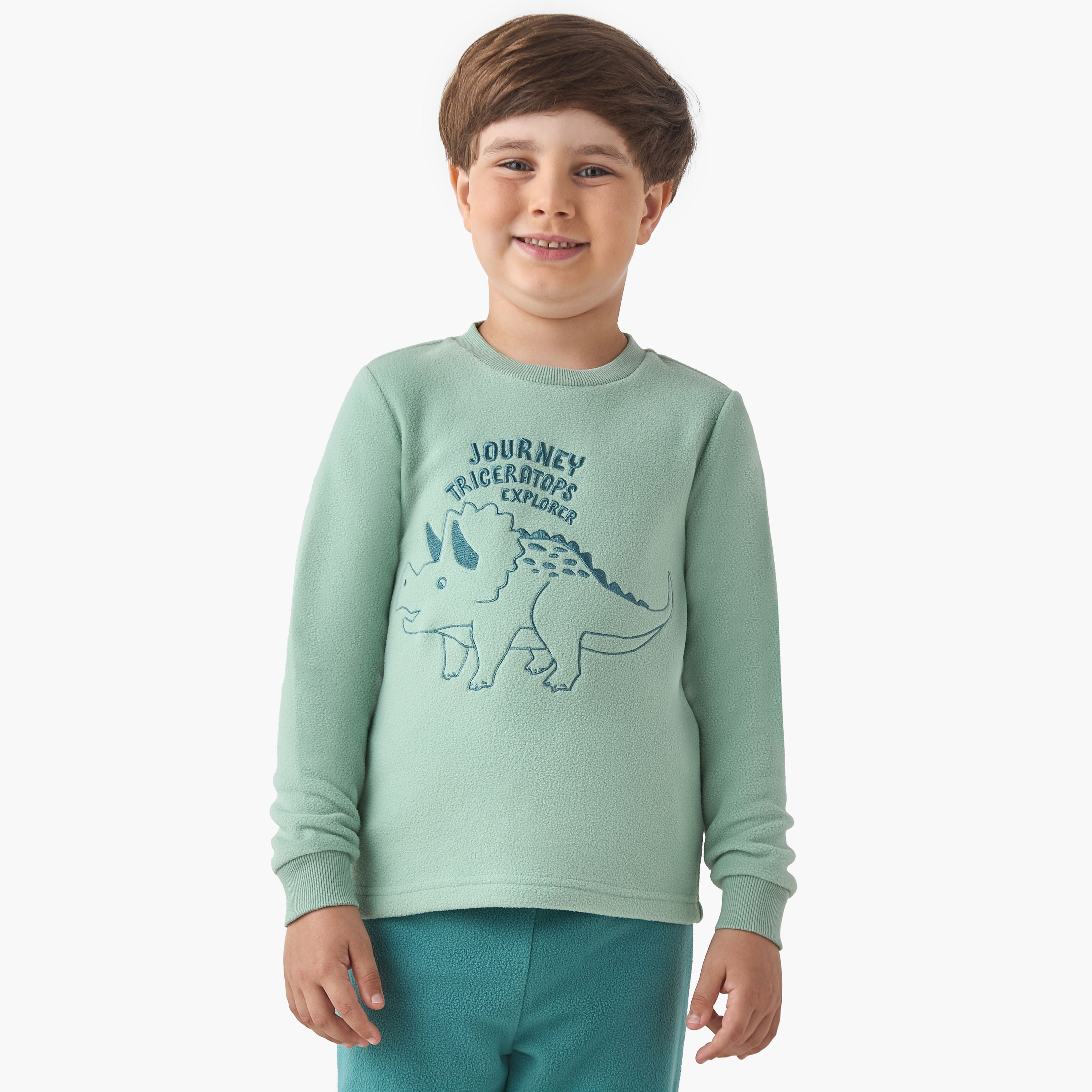 Juniors Boys Pyjama Set with Dinosaur Embroidery - Polyester - Long Sleeves - Crew Neck
