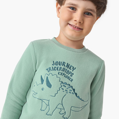 Juniors Boys Pyjama Set with Dinosaur Embroidery - Polyester - Long Sleeves - Crew Neck