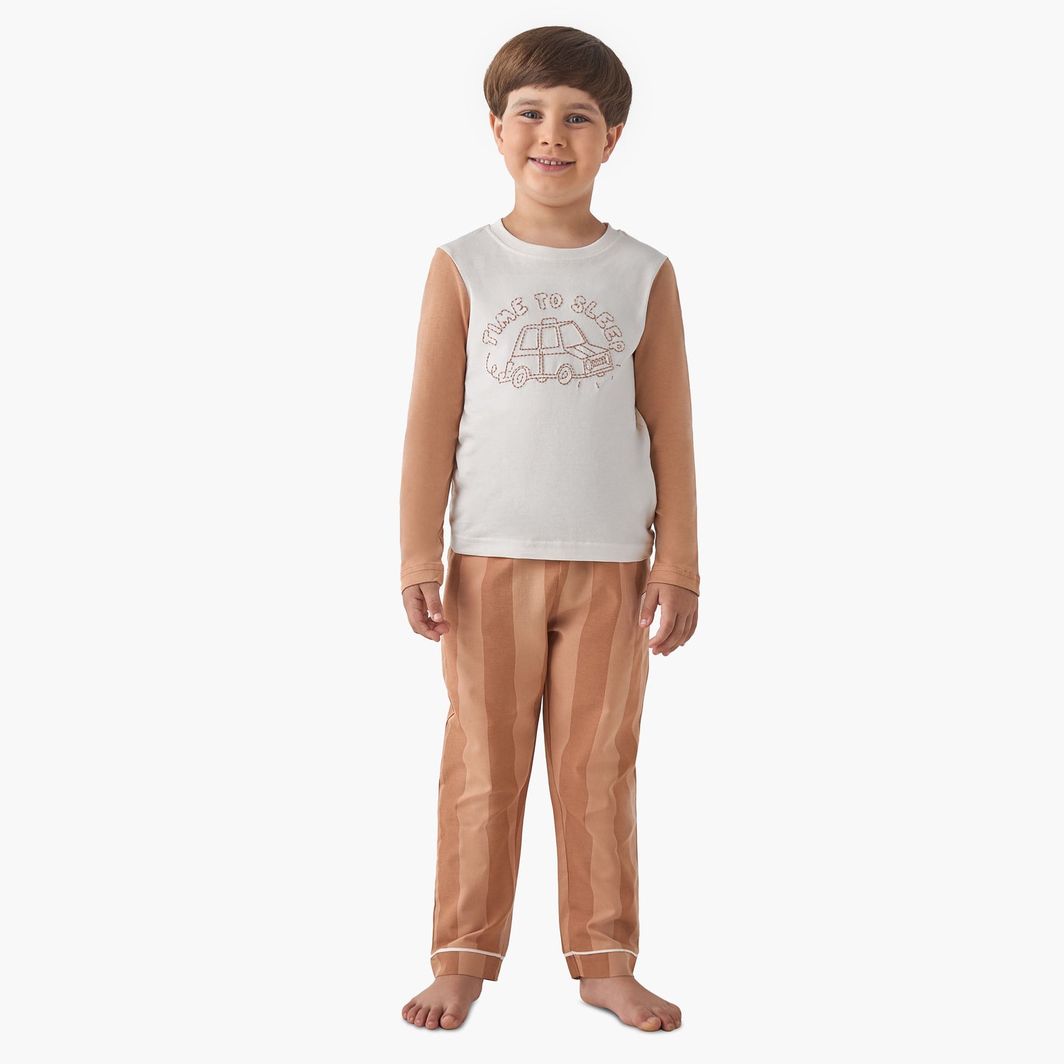 Juniors Boys Pyjama Set with Embroidery - Cotton - Long Sleeves - Crew Neck - Beige / 2-3 yrs