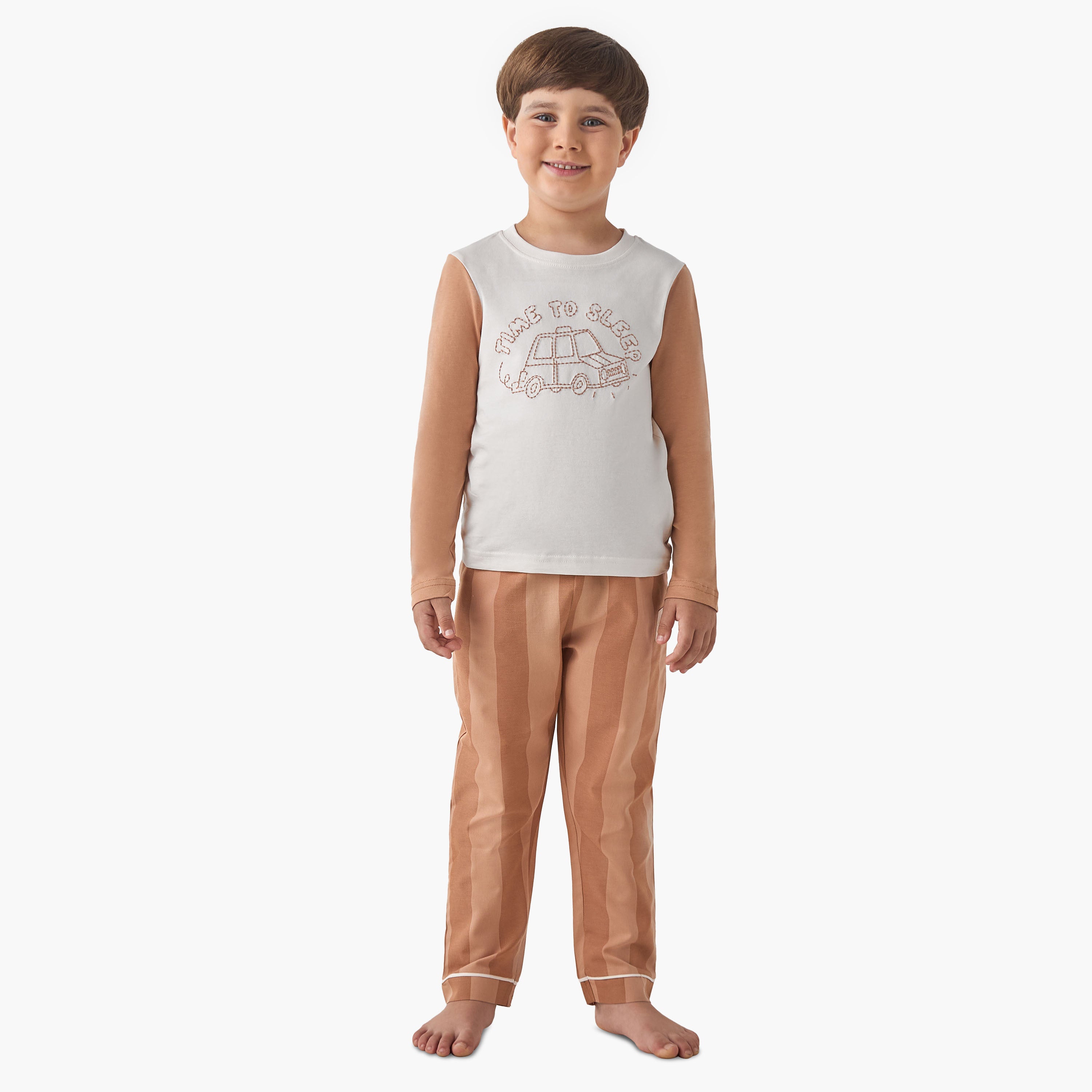 Juniors Boys Pyjama Set with Embroidery - Cotton - Long Sleeves - Crew Neck - Beige / 2-3 yrs