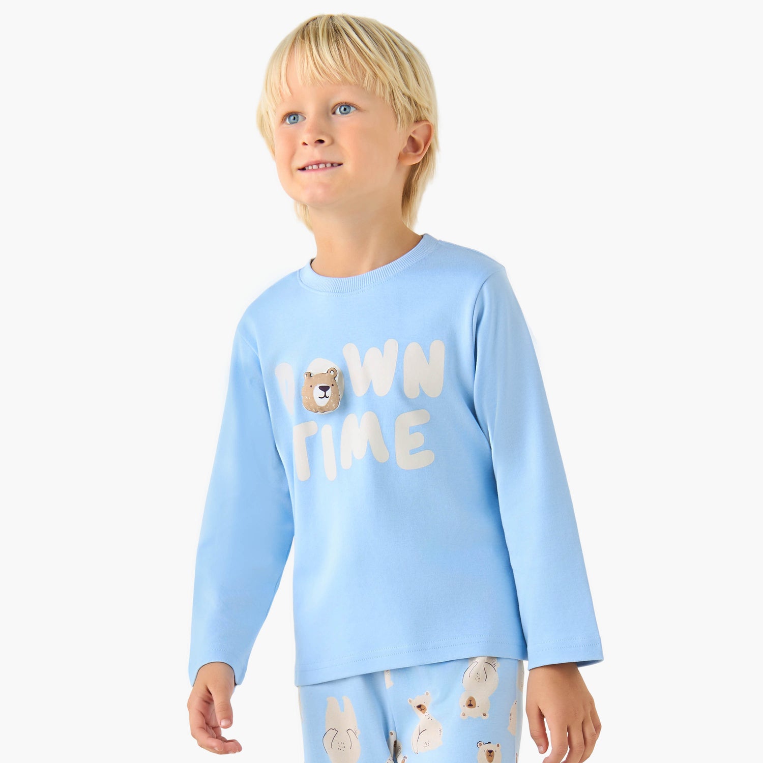 Juniors Cotton Crew Neck Long Sleeves Pyjama Set with Bear Print