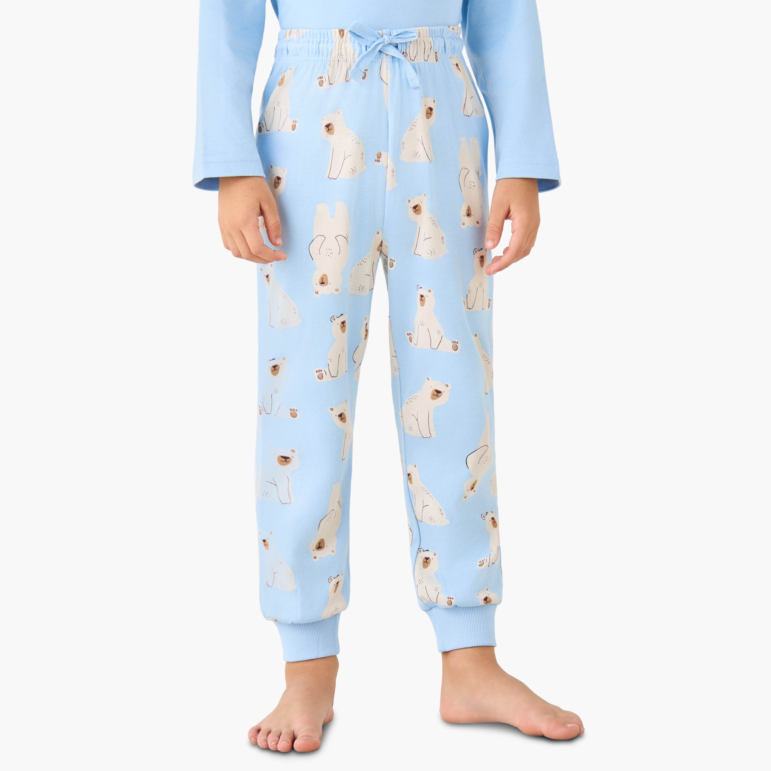 Juniors Cotton Crew Neck Long Sleeves Pyjama Set with Bear Print