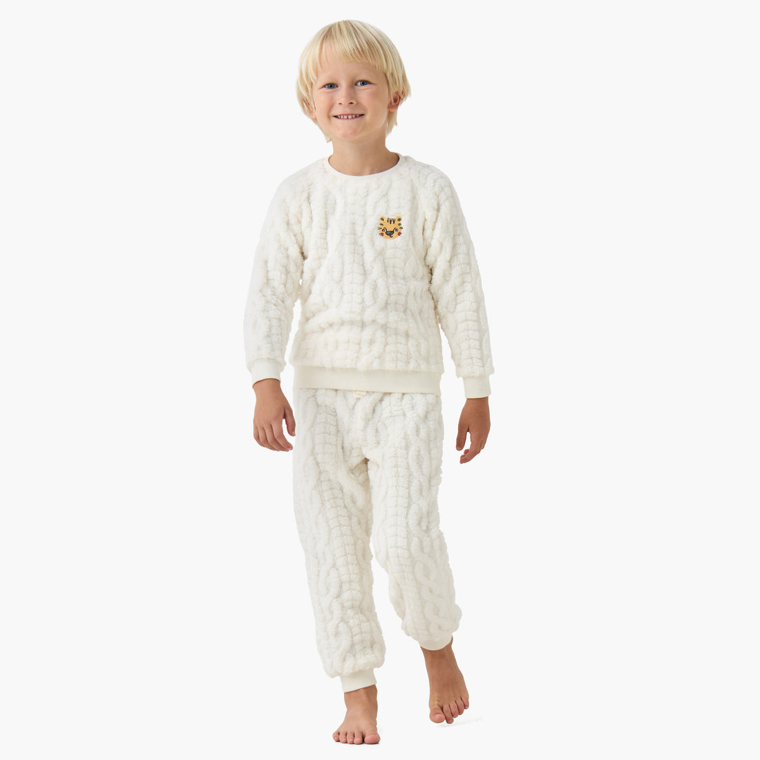 Juniors Boys Pyjama Set with Cable Knit - Polyester - Long Sleeves - Crew Neck - Cream / 5-6 yrs