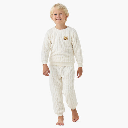 Juniors Boys Pyjama Set with Cable Knit - Polyester - Long Sleeves - Crew Neck - Cream / 5-6 yrs
