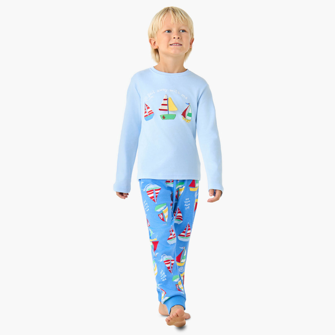 Juniors Cotton Crew Neck Long Sleeves Pyjama Set with Sailboat Print - Blue / 2-3 yrs