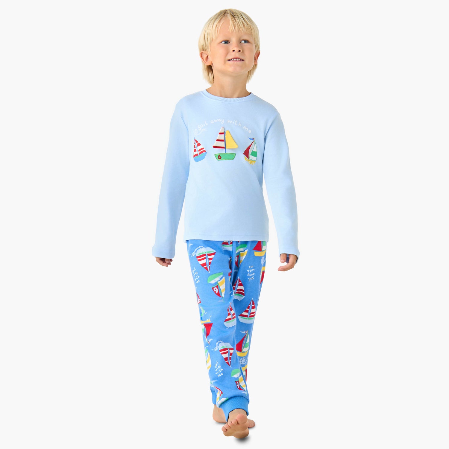 Juniors Cotton Crew Neck Long Sleeves Pyjama Set with Sailboat Print - Blue / 2-3 yrs