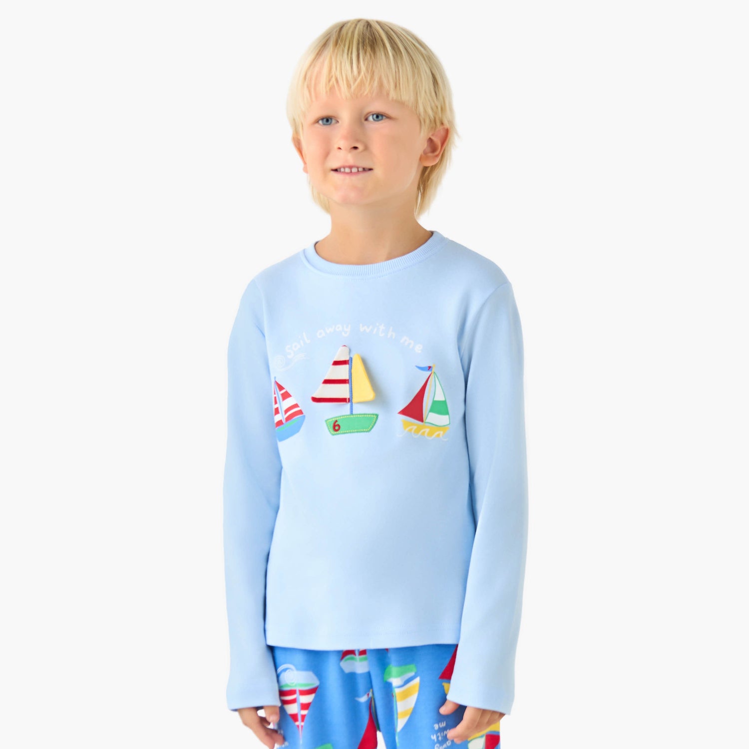 Juniors Cotton Crew Neck Long Sleeves Pyjama Set with Sailboat Print