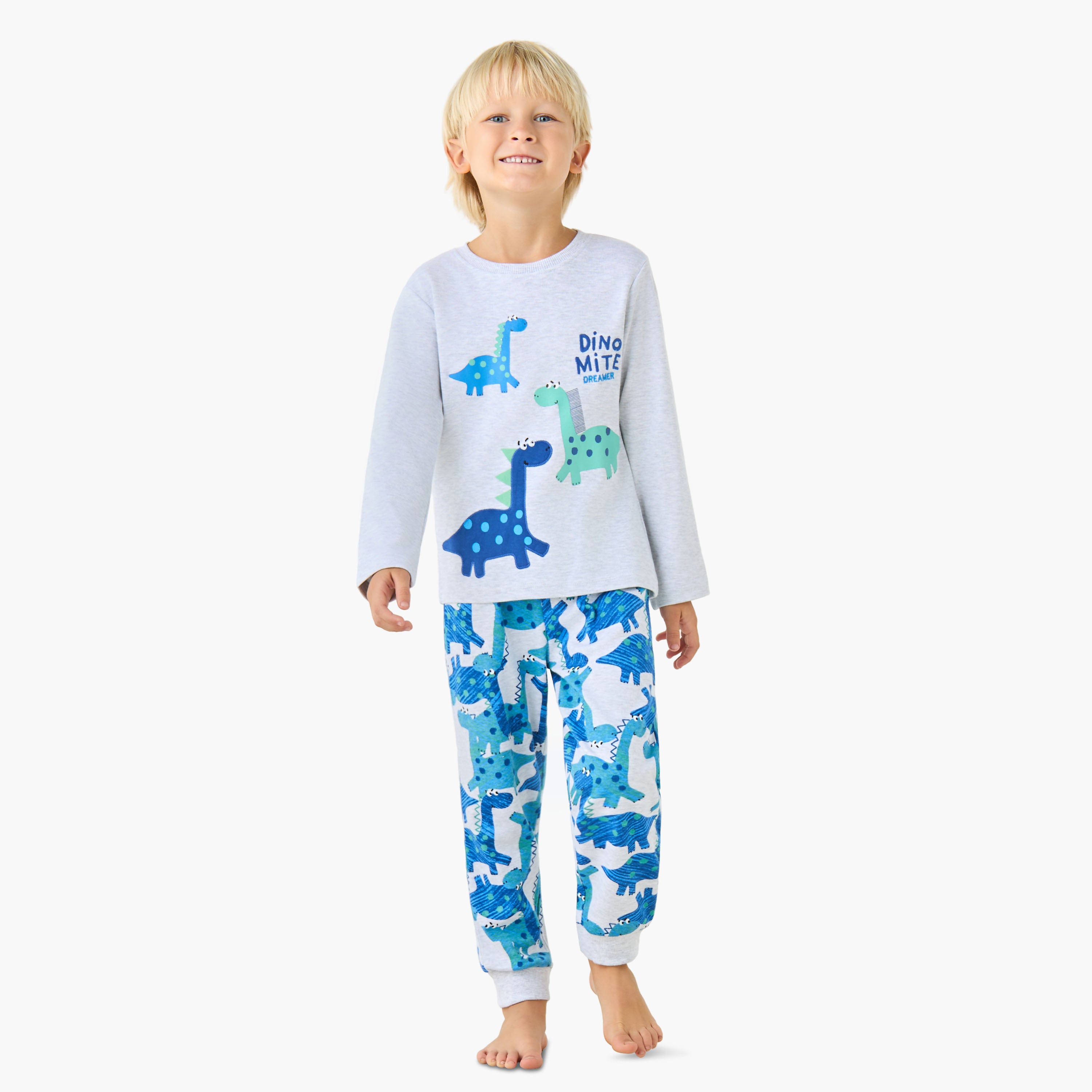 Juniors Cotton Crew Neck Long Sleeves Pyjama Set with Sailboat Print