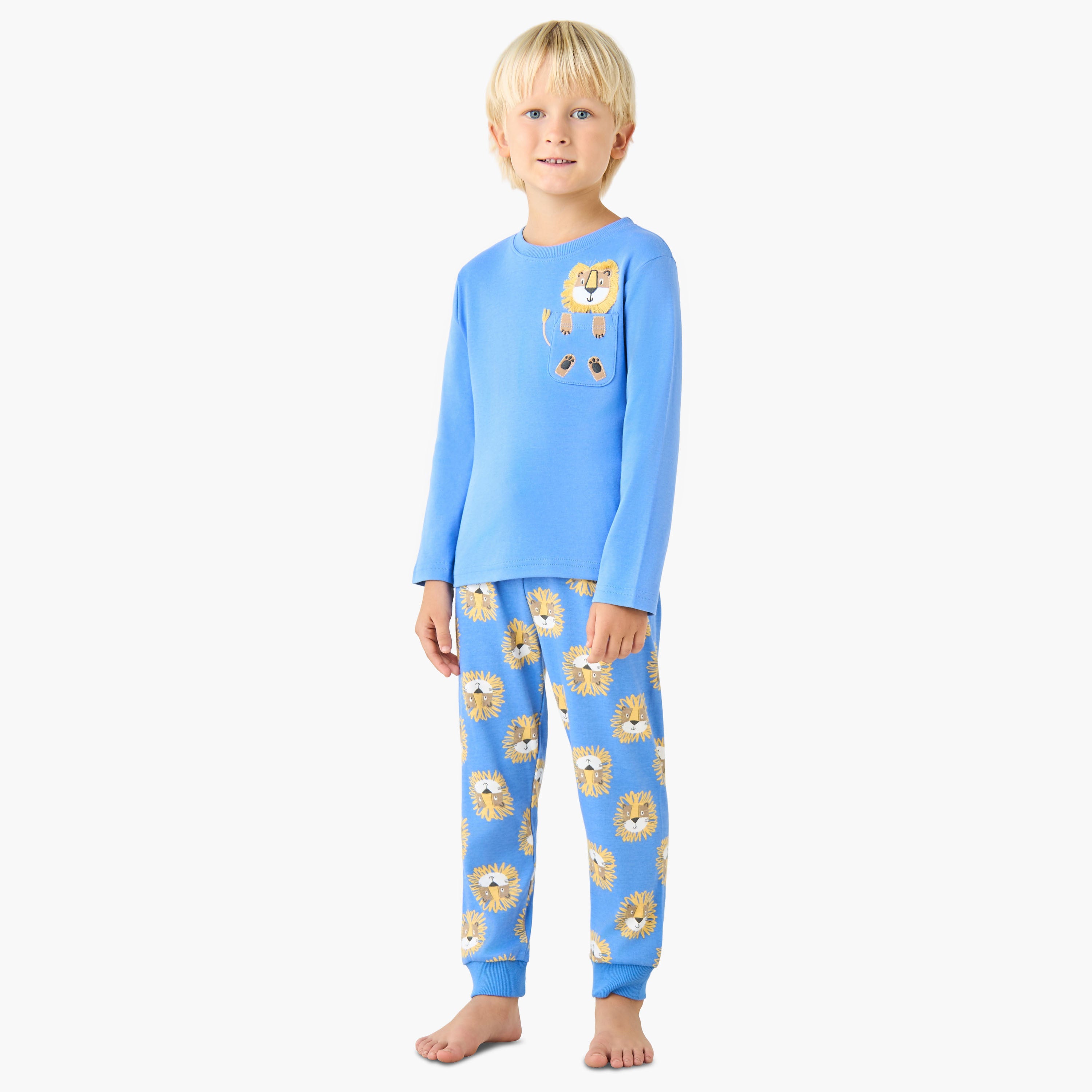 Juniors Cotton Crew Neck Long Sleeves Pyjama Set with Sailboat Print