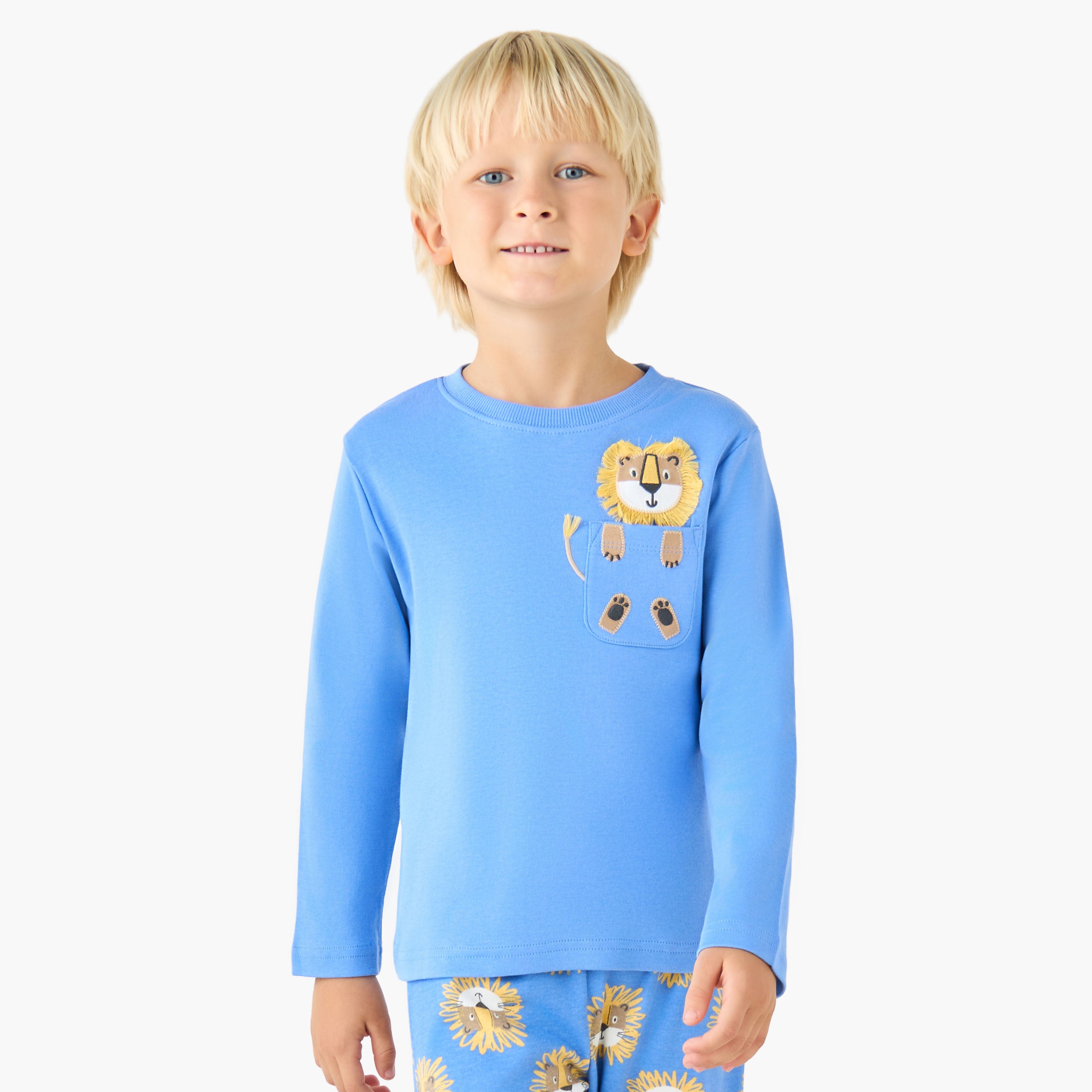 Juniors Cotton Crew Neck Long Sleeves Pyjama Set with Sailboat Print