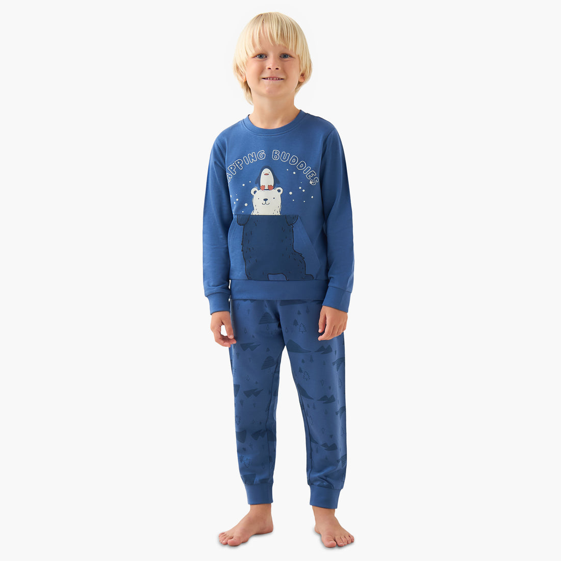 Juniors Cotton Crew Neck Long Sleeves Pyjama Set with Bear Print - Blue / 2-3 yrs
