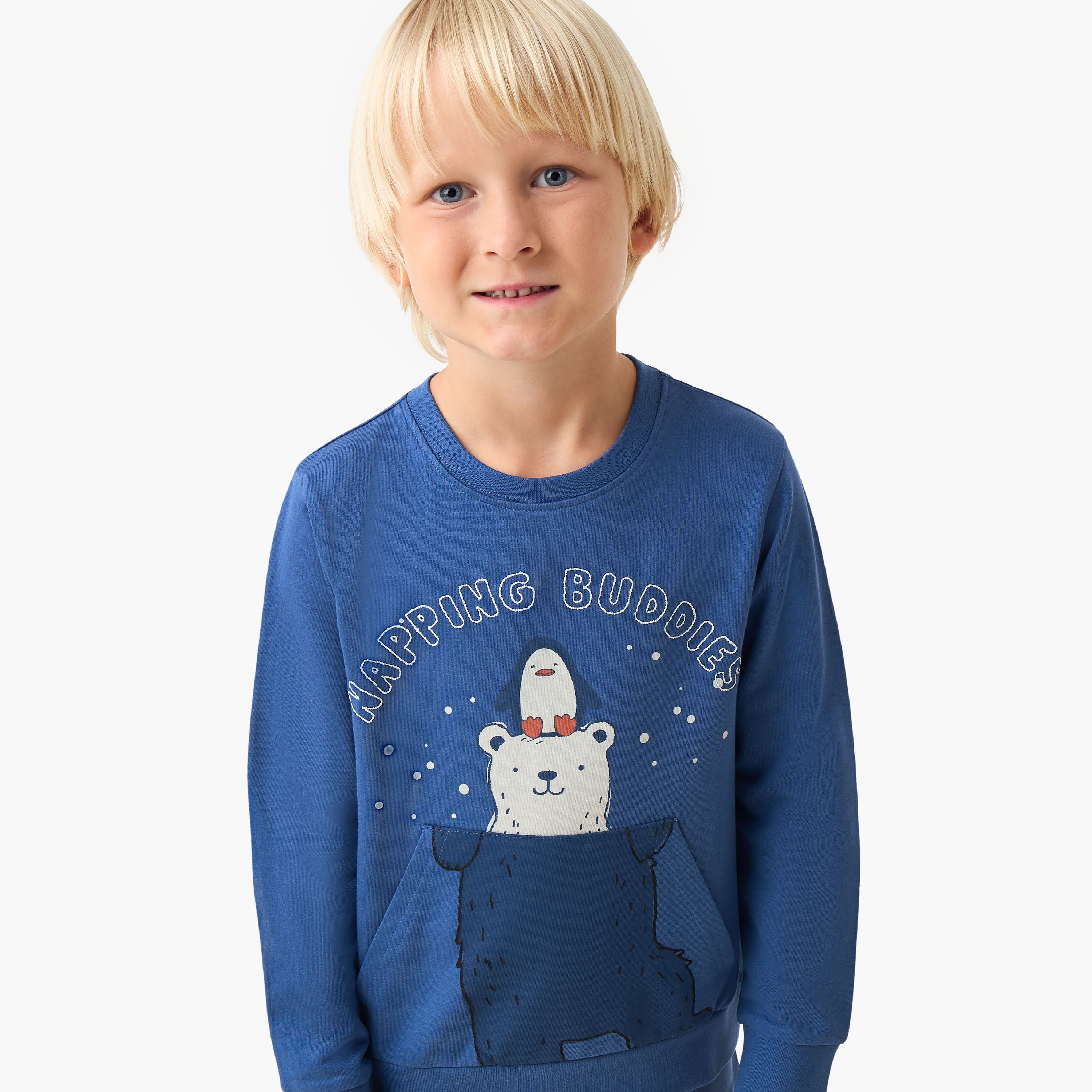 Juniors Cotton Crew Neck Long Sleeves Pyjama Set with Bear Print