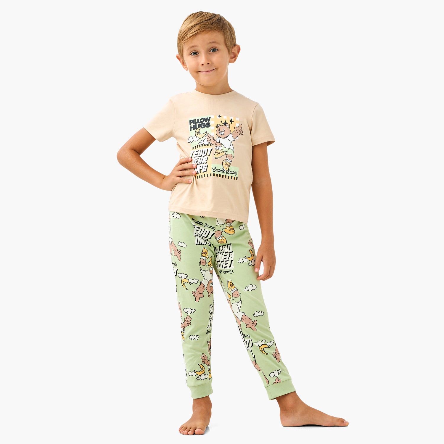 Juniors Teddy Bear Print T-shirt and Pyjama Set - Beige / 2-3 yrs