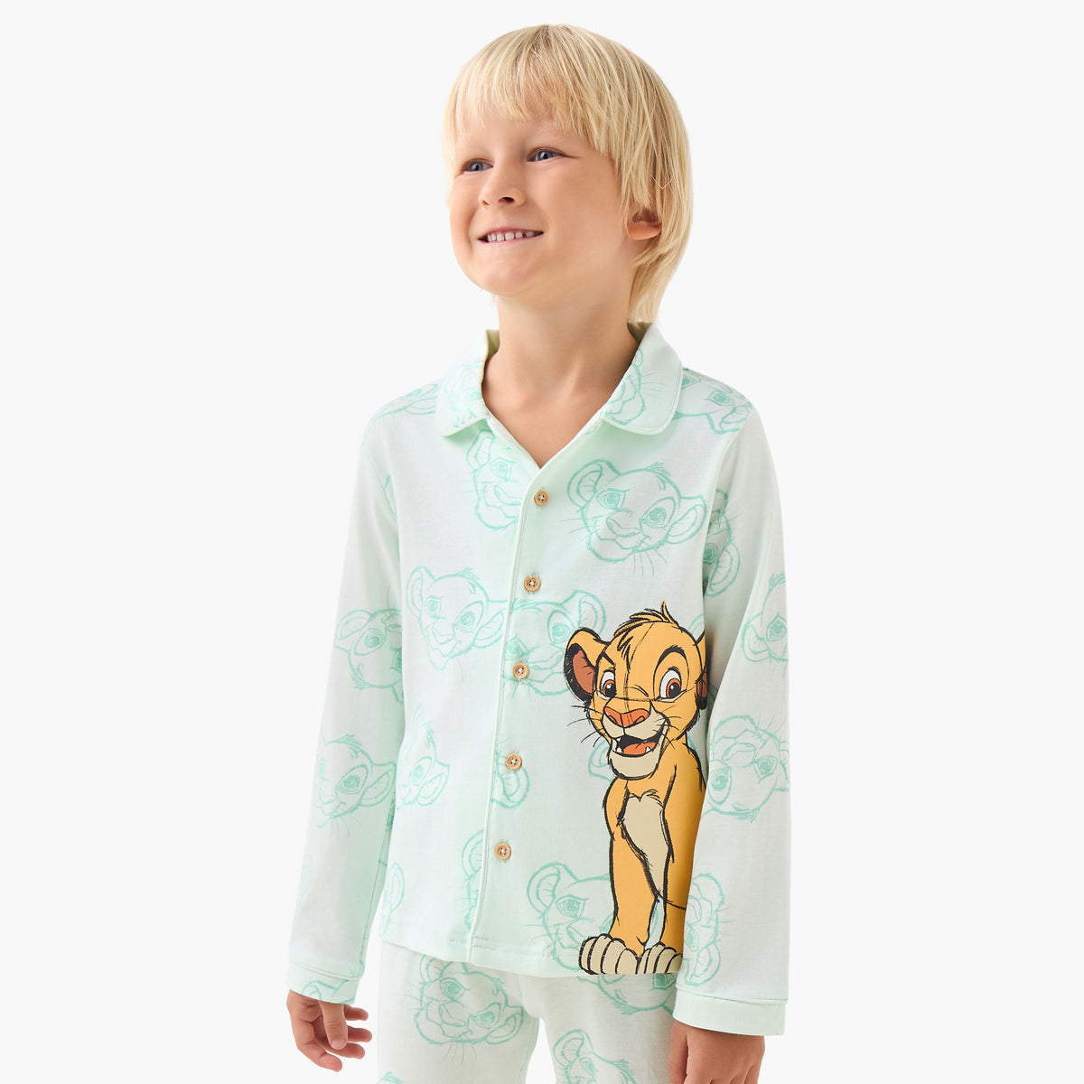 Disney Cotton Collared Long Sleeves Pyjama Set with Simba Print