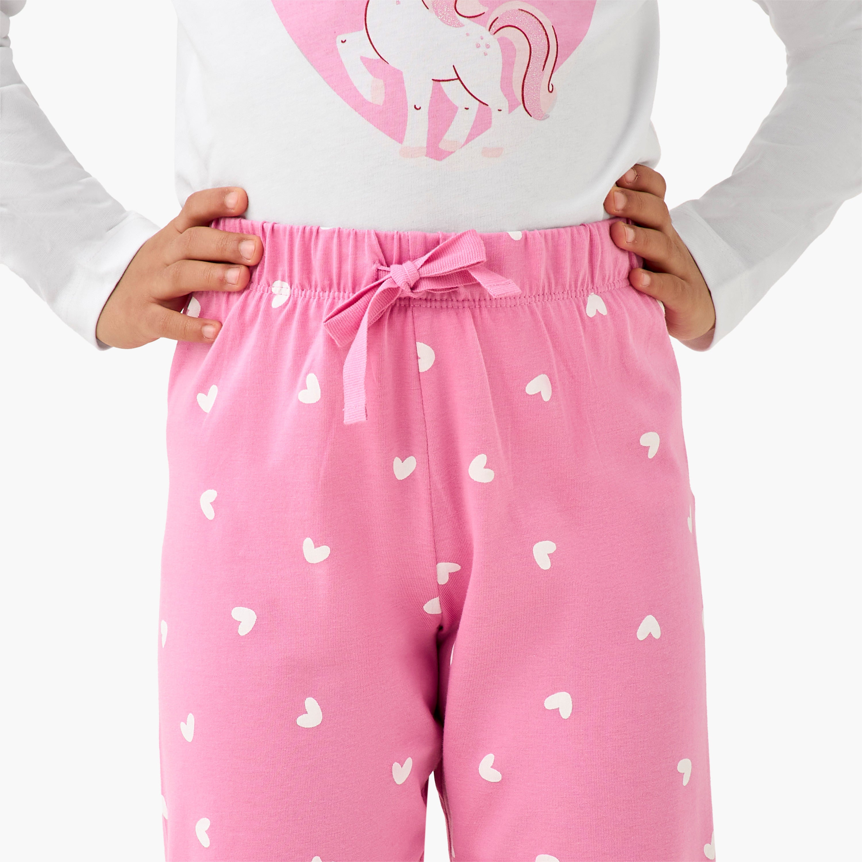 Pack of 2 Cotton Crew Neck Long Sleeve Pyjama Set with Unicorn Print