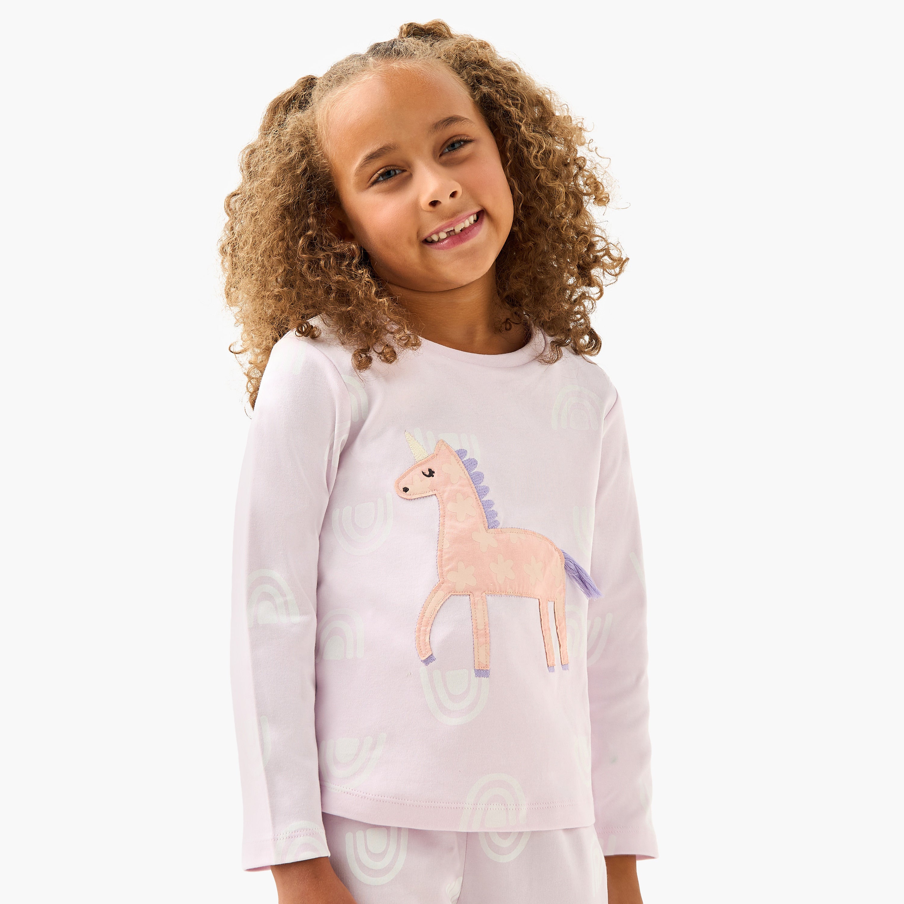 Juniors Girls Pyjama Set with Unicorn Applique - Cotton - Long Sleeves - Crew Neck
