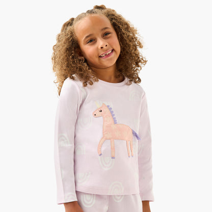 Juniors Girls Pyjama Set with Unicorn Applique - Cotton - Long Sleeves - Crew Neck
