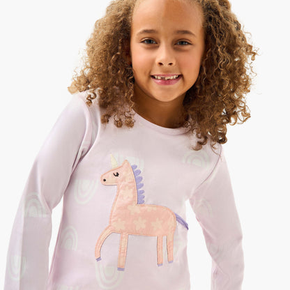 Juniors Girls Pyjama Set with Unicorn Applique - Cotton - Long Sleeves - Crew Neck