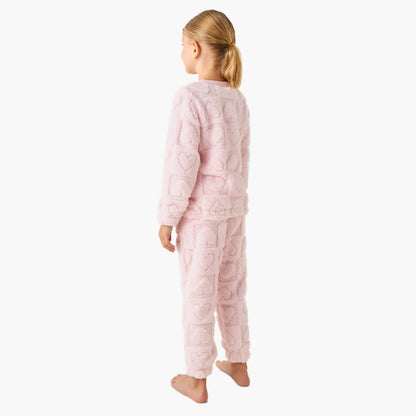Juniors Girls Pyjama Set with Heart Embossed Print - Polyester - Long Sleeves - Crew Neck