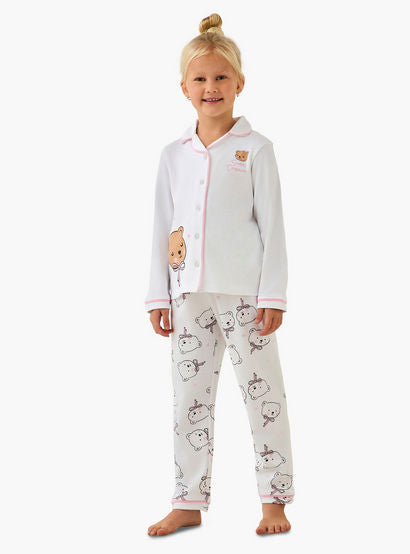 Juniors Cotton Collared Long Sleeves Pyjama Set with Bear Print-baby-girls-clothing-winterwear-pyjamasets-image-1