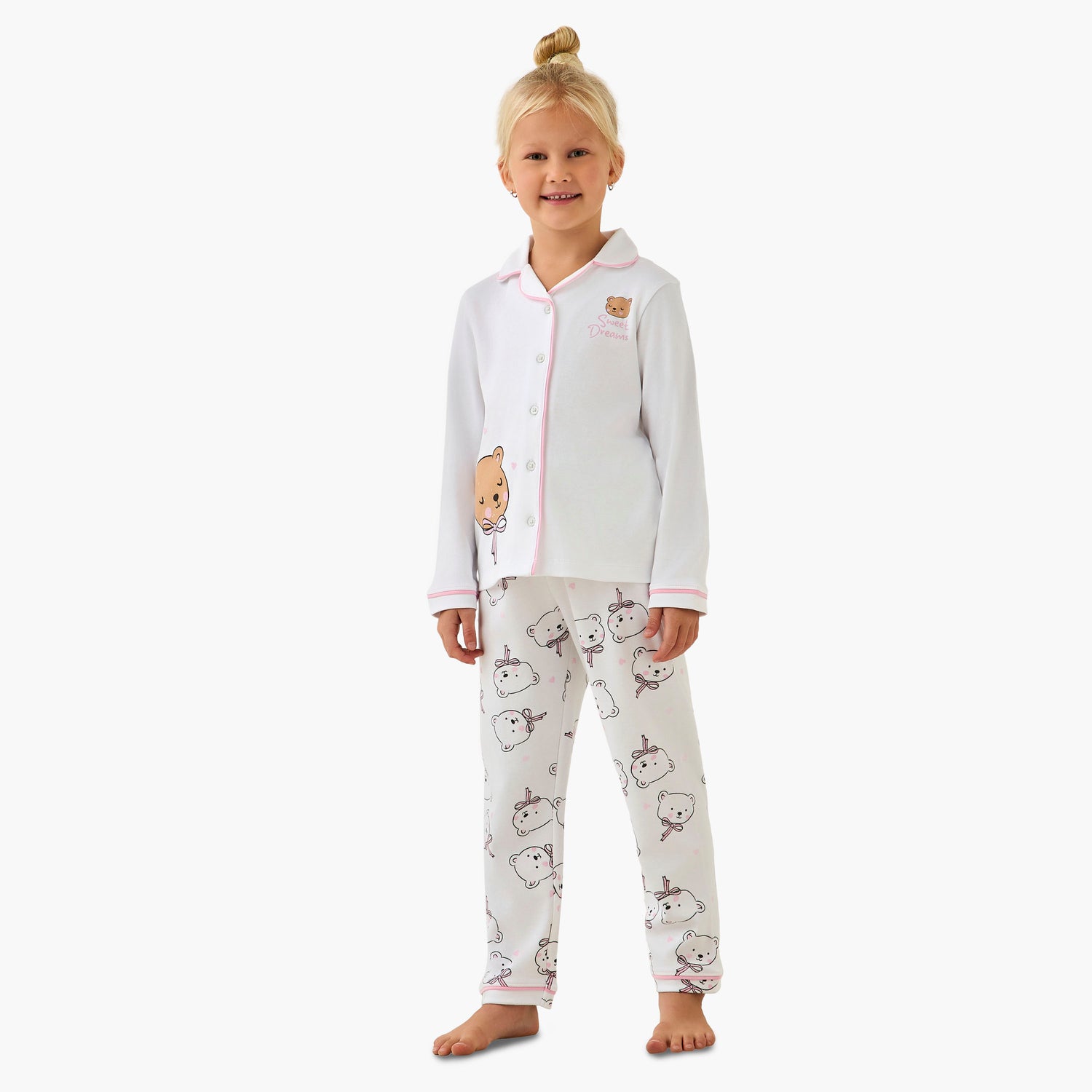 Juniors Cotton Collared Long Sleeves Pyjama Set with Bear Print - Cream / 6-7 yrs