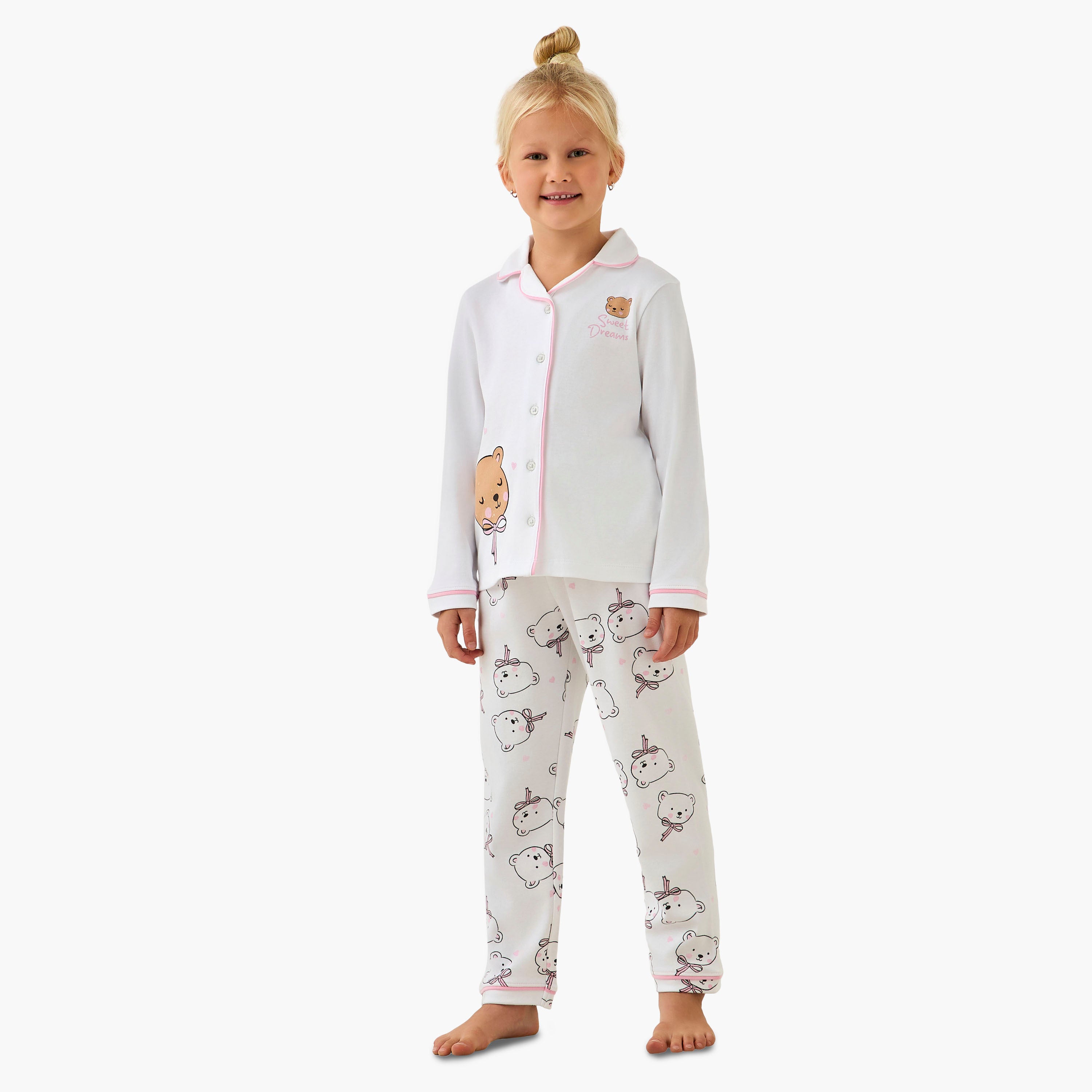Juniors Cotton Collared Long Sleeves Pyjama Set with Bear Print - Cream / 6-7 yrs