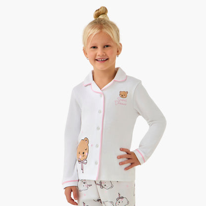 Juniors Cotton Collared Long Sleeves Pyjama Set with Bear Print