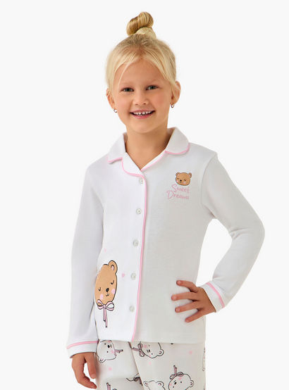 Juniors Cotton Collared Long Sleeves Pyjama Set with Bear Print-baby-girls-clothing-winterwear-pyjamasets-image-2