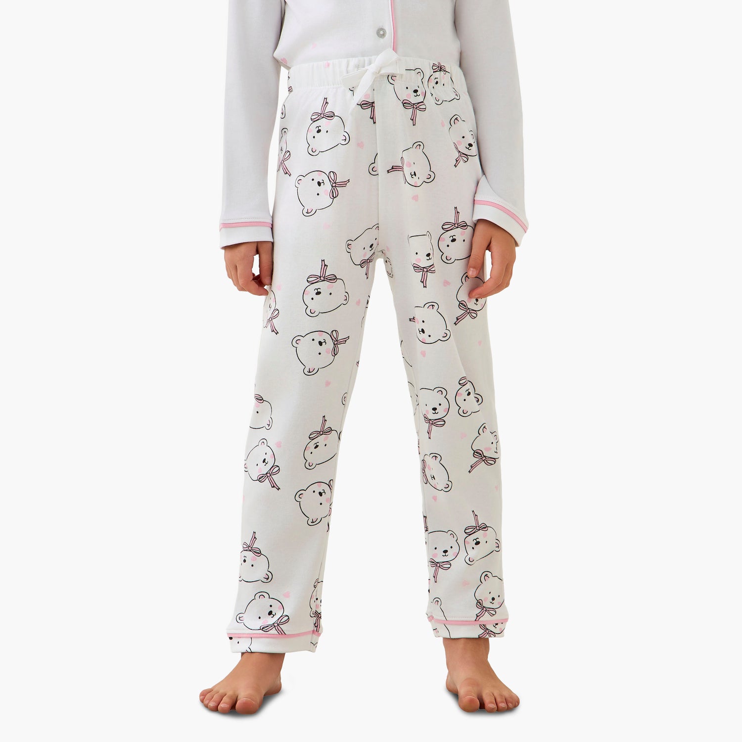 Juniors Cotton Collared Long Sleeves Pyjama Set with Bear Print