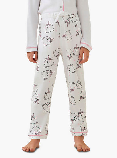 Juniors Cotton Collared Long Sleeves Pyjama Set with Bear Print-baby-girls-clothing-winterwear-pyjamasets-image-3
