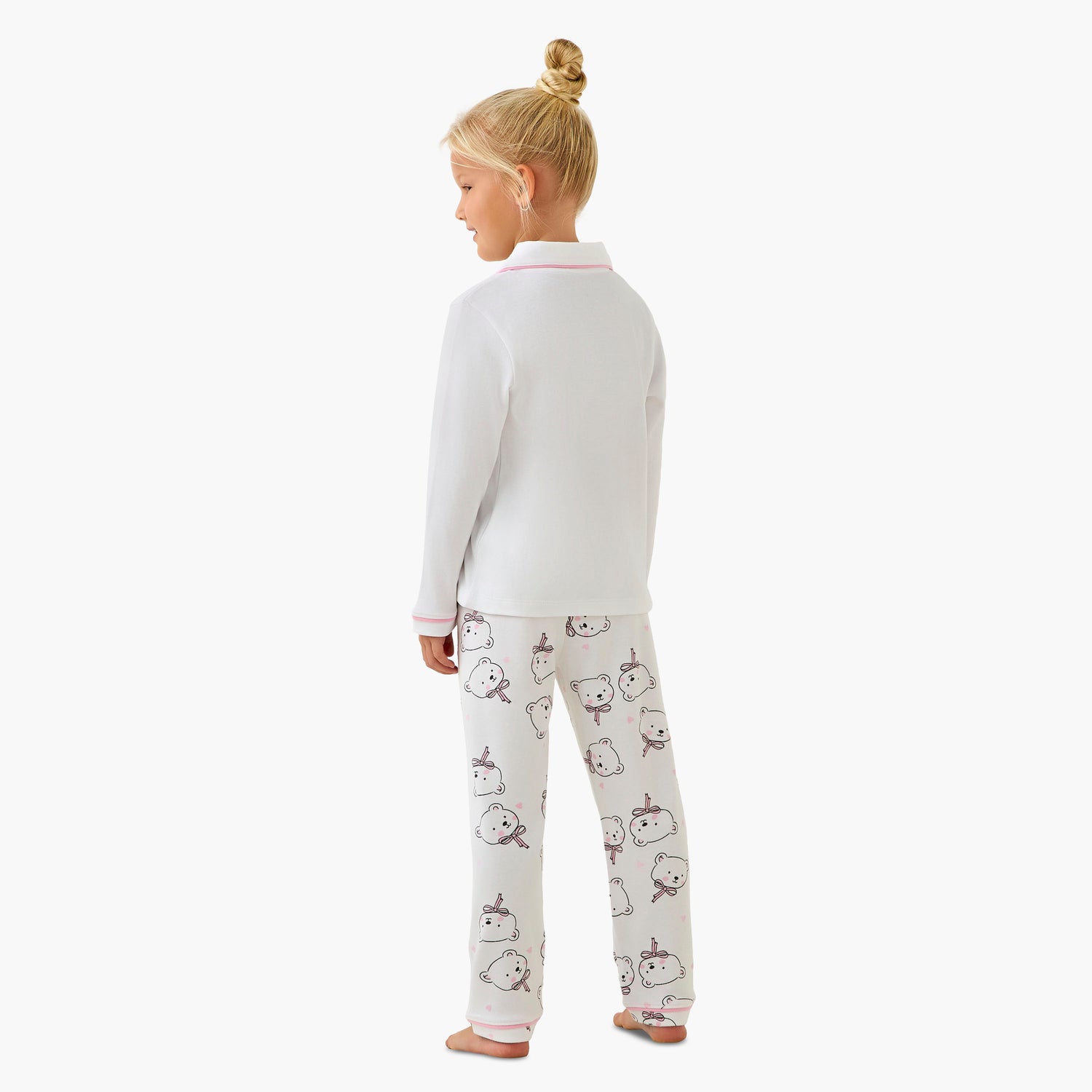 Juniors Cotton Collared Long Sleeves Pyjama Set with Bear Print