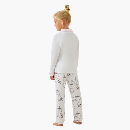 Juniors Cotton Collared Long Sleeves Pyjama Set with Bear Print