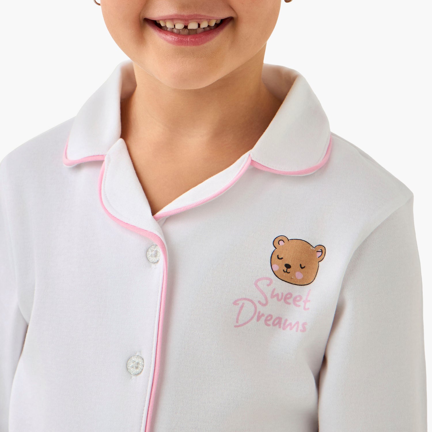 Juniors Cotton Collared Long Sleeves Pyjama Set with Bear Print