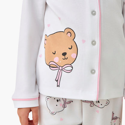 Juniors Cotton Collared Long Sleeves Pyjama Set with Bear Print