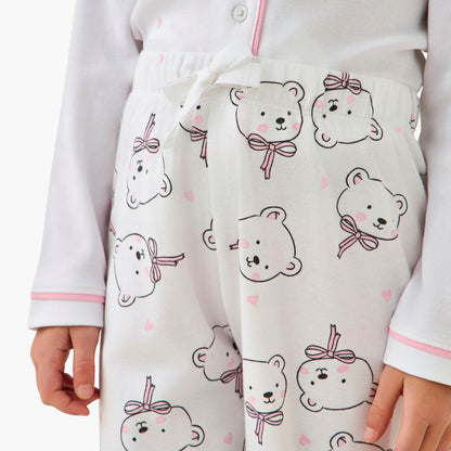 Juniors Cotton Collared Long Sleeves Pyjama Set with Bear Print