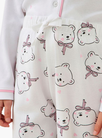 Juniors Cotton Collared Long Sleeves Pyjama Set with Bear Print-baby-girls-clothing-winterwear-pyjamasets-image-7
