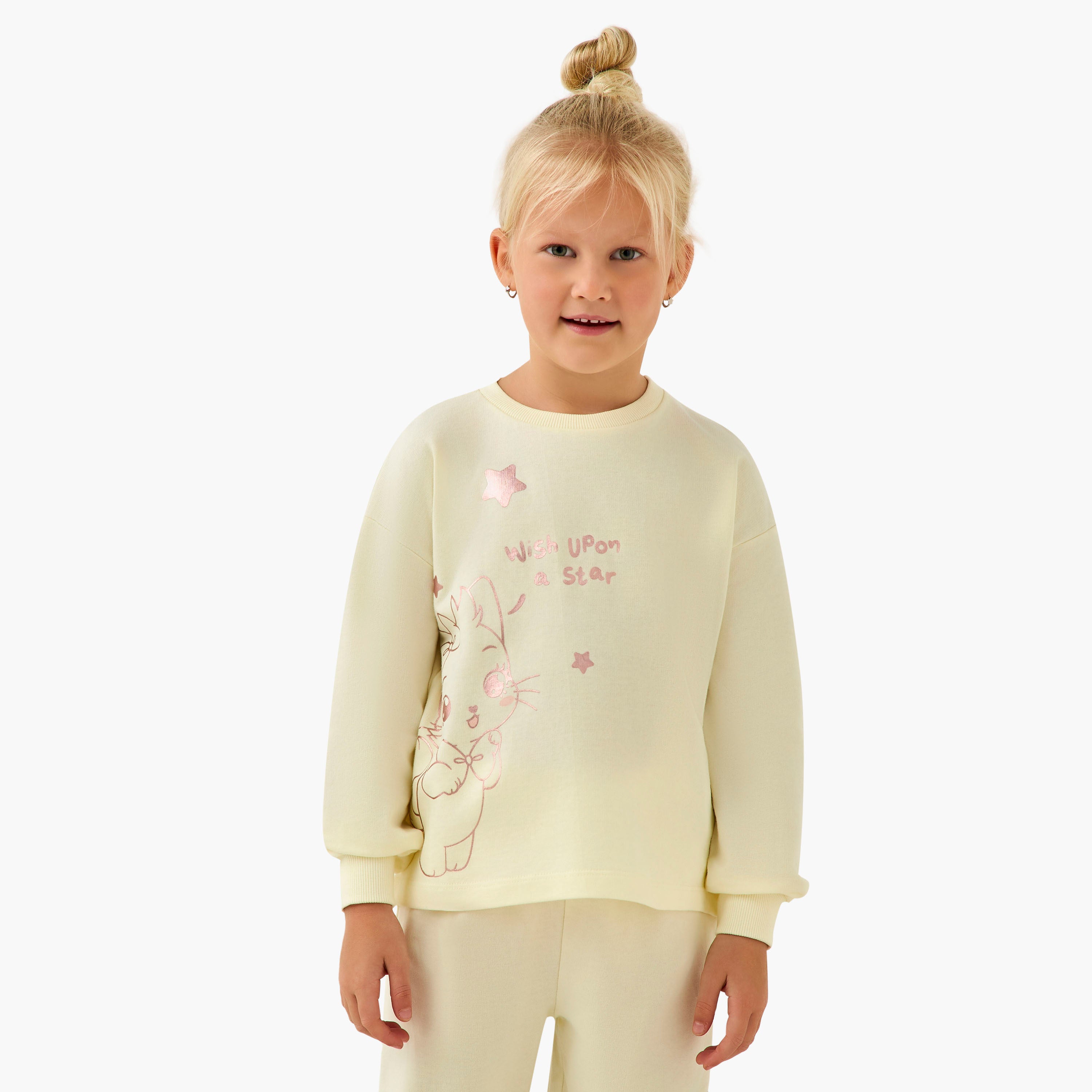 Juniors Cotton Crew Neck Long Sleeves Pyjama Set with Cat Print