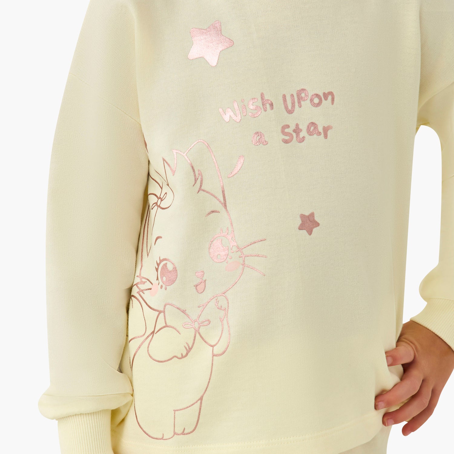 Juniors Cotton Crew Neck Long Sleeves Pyjama Set with Cat Print