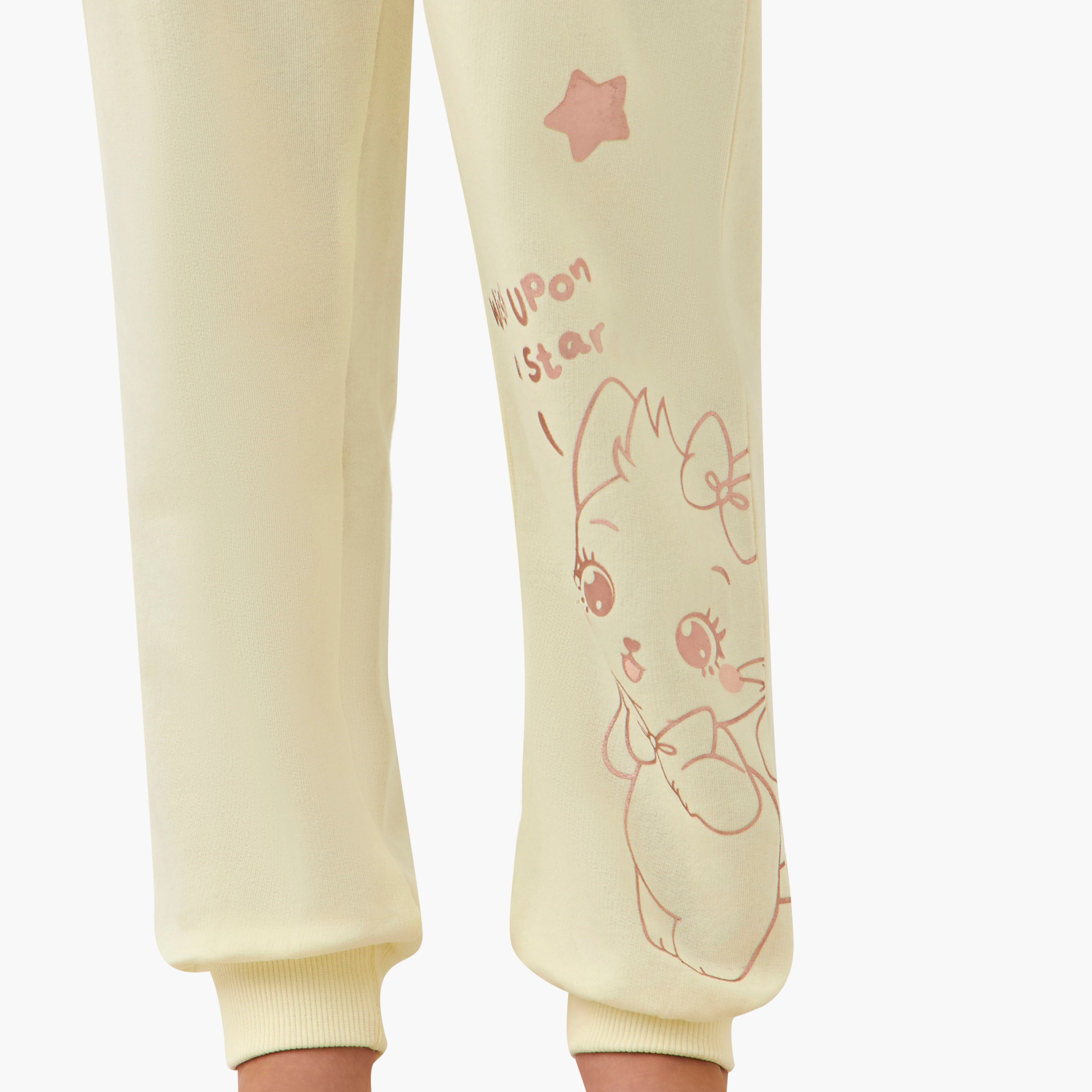 Juniors Cotton Crew Neck Long Sleeves Pyjama Set with Cat Print