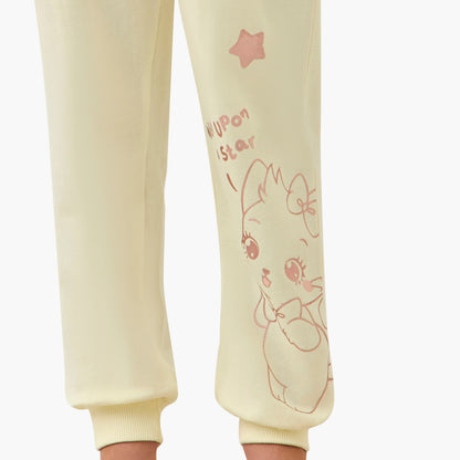 Juniors Cotton Crew Neck Long Sleeves Pyjama Set with Cat Print