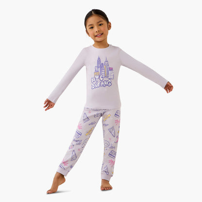 Juniors Cotton Crew Neck Long Sleeves Pyjama Set with NYC Print - Purple / 2-3 yrs